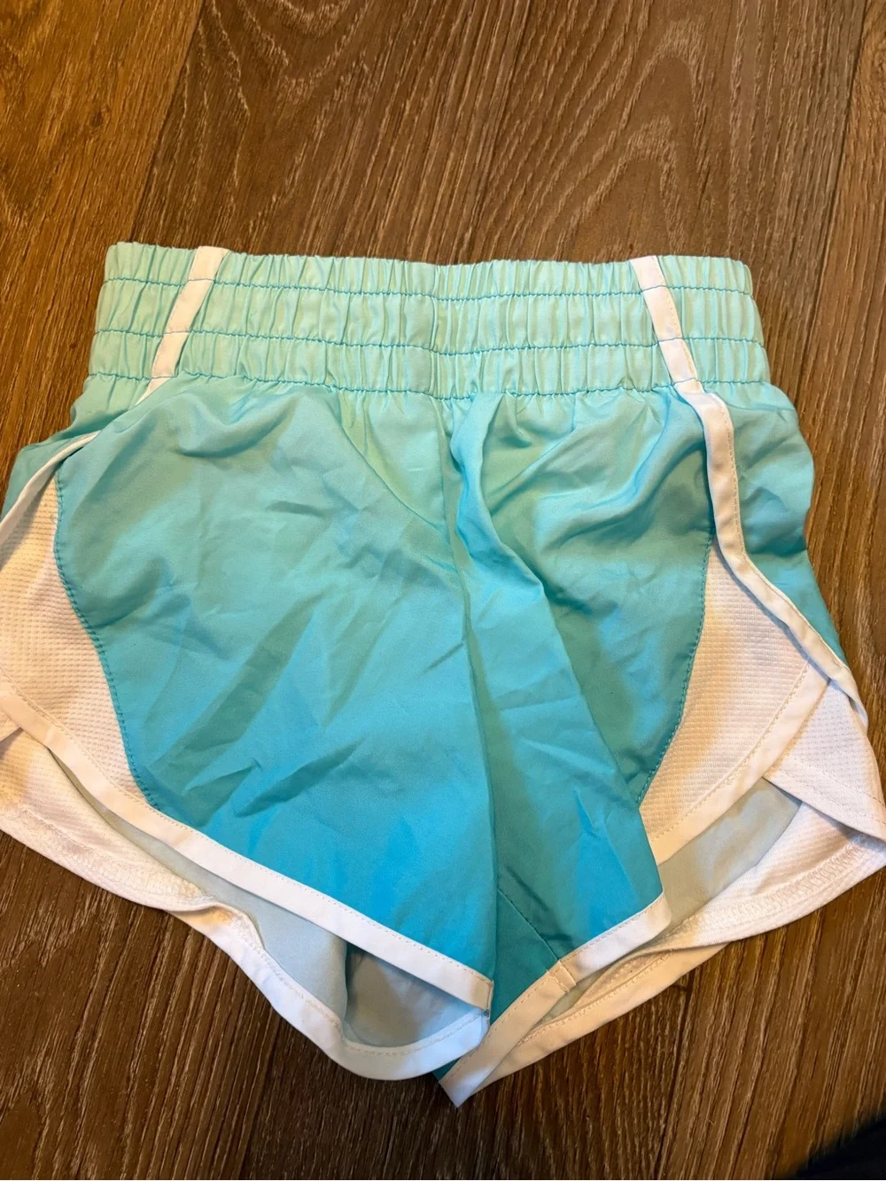 Light Aqua girls Athletic Running Shorts with White Trim